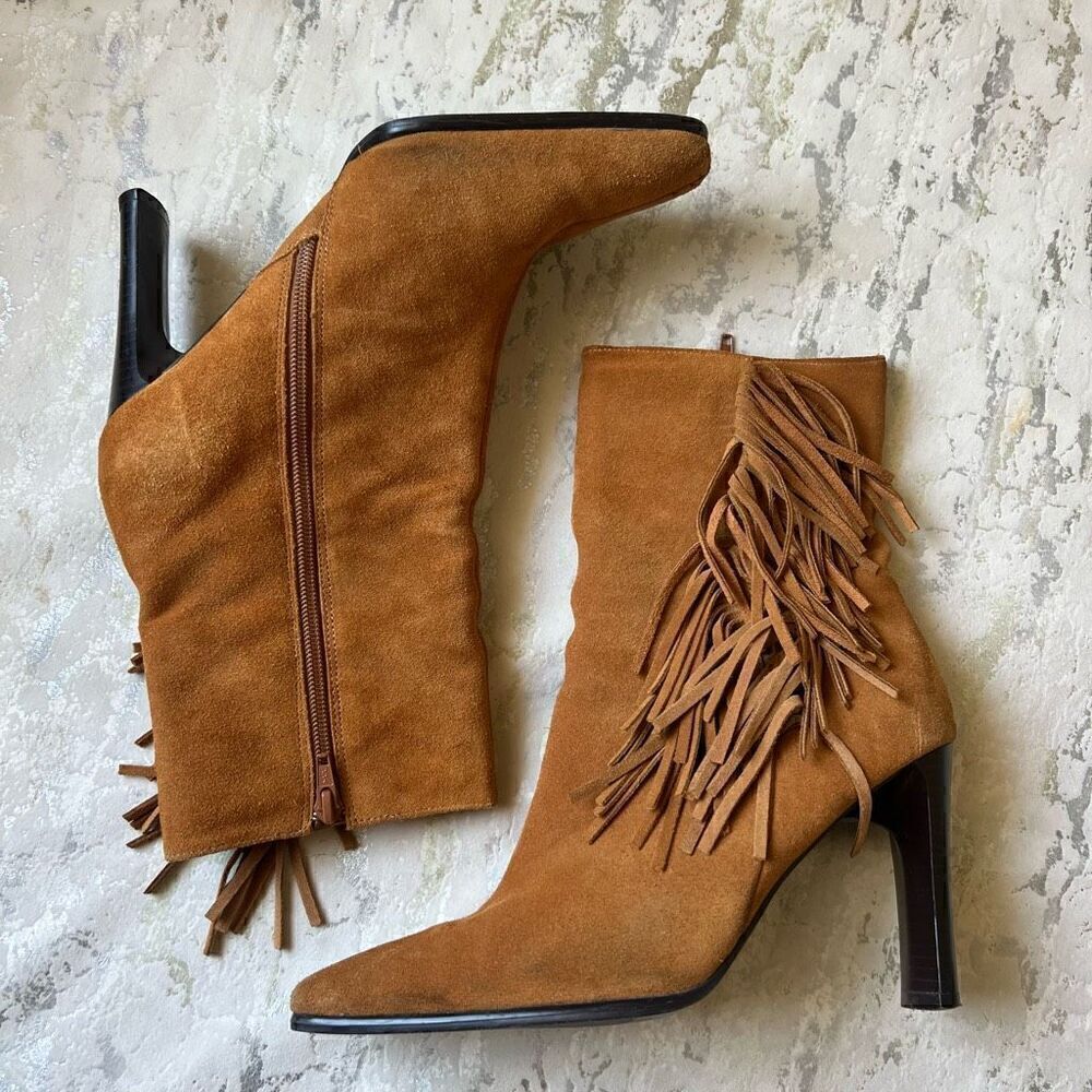 Y2K Leather Tassel heeled boots 90s - Picture 3 of 6